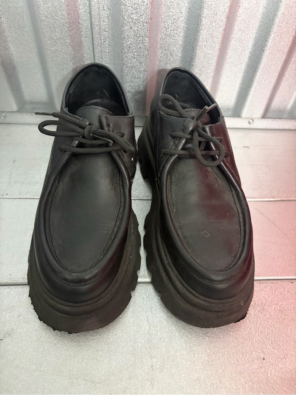 ALOHAS Black Leather Platform Lace-Up Loafers